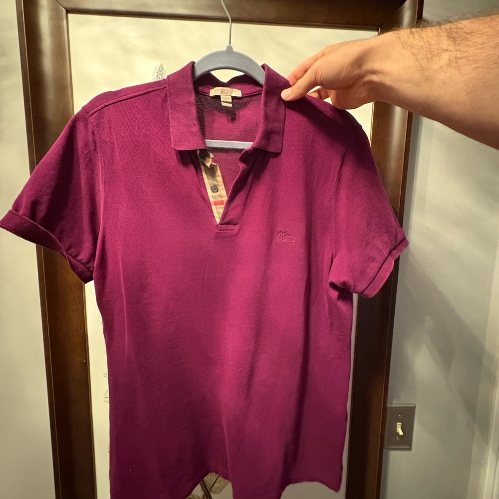 Burberry Deep Purple Polo Shirt with Plaid Collar